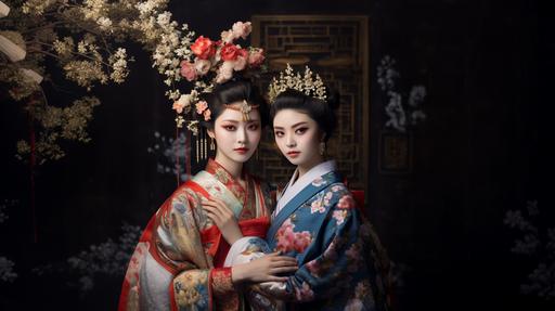 Chinese style and Japanese style 2 female models, wearing Chinese ancient costumes and Japanese geisha styles and costumes --ar 16:9