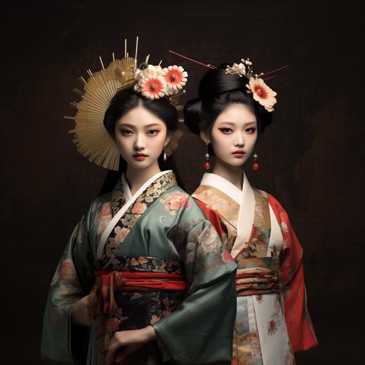 Chinese style and Japanese style 2 female models, wearing Chinese ancient costumes and Japanese geisha styles and costumes