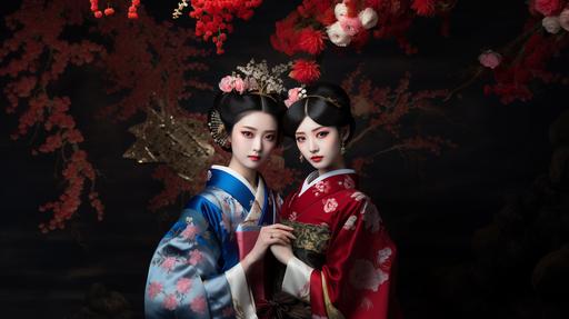 Chinese style and Japanese style 2 female models, wearing Chinese ancient costumes and Japanese geisha styles and costumes --ar 16:9