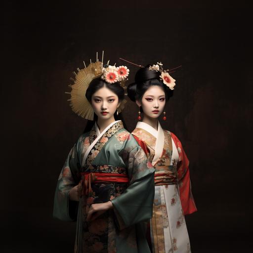 Chinese style and Japanese style 2 female models, wearing Chinese ancient costumes and Japanese geisha styles and costumes