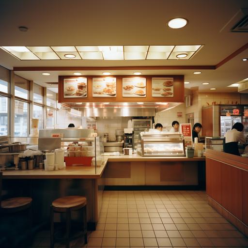 Chinese take away with a brown wooden interior and an open kitchen with waiting area and 3 customers , Kodak Portra, 16k, Bright, high camera angle, corner, wall with two plastic chairs