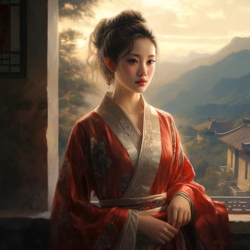 Chinese, waist, ancient style, mature, big eyes, coat, strong light, morning light, twilight, painting --v 5.1