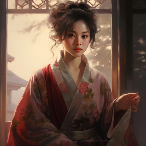 Chinese, waist, ancient style, mature, big eyes, coat, strong light, morning light, twilight, painting --v 5.1