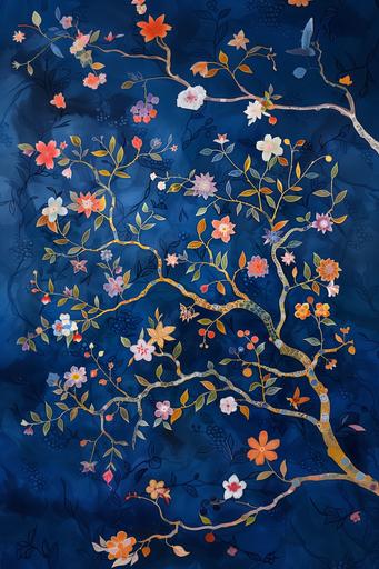 Chinoiserie-inspired painting of floral tree branches with flowers and leaves on a dark blue background, colorful and highly detailed in the style of Chinese artists. --ar 2:3 --v 6.0