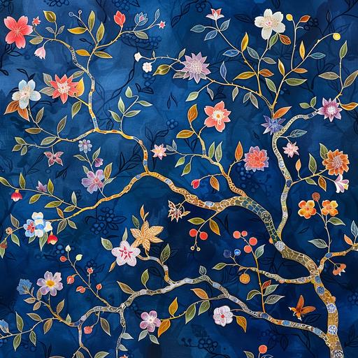 Chinoiserie-inspired painting of floral tree branches with flowers and leaves on a dark blue background, colorful and highly detailed in the style of Chinese artists.