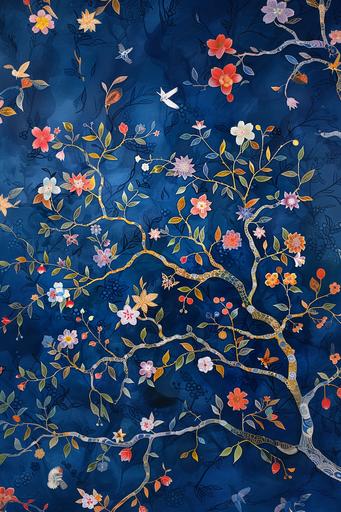 Chinoiserie-inspired painting of floral tree branches with flowers and leaves on a dark blue background, colorful and highly detailed in the style of Chinese artists. --ar 2:3