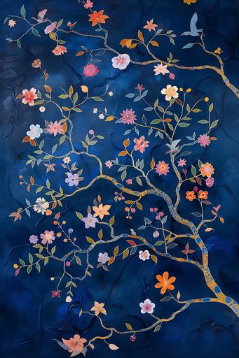 Chinoiserie-inspired painting of floral tree branches with flowers and leaves on a dark blue background, colorful and highly detailed in the style of Chinese artists. --ar 2:3 --v 6.0