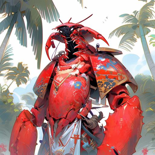 Chip Zdarsky's illustration depicting beautiful female humanoid crab mutant character. Crustacean fantasy humanoid character. Very thin slim slender body. Red patterned samurai armor helmet. Crab claws. Crab face. Humanoid. On tropical beach. With palm trees. Ancient Buddhist temple in the background. Character concept art. White background. By Chip Zdarsky. --niji 5