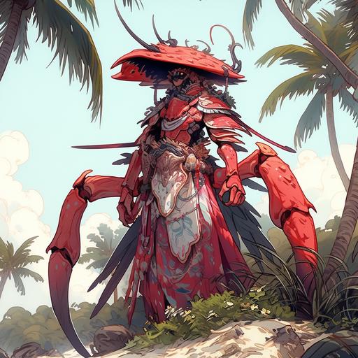 Chip Zdarsky's illustration depicting beautiful female humanoid crab mutant character. Crustacean fantasy humanoid character. Very thin slim slender body. Red patterned samurai armor helmet. Crab claws. Crab face. Humanoid. On tropical beach. With palm trees. Ancient Buddhist temple in the background. Character concept art. White background. By Chip Zdarsky. --niji 5