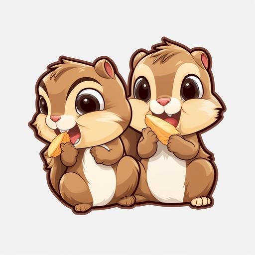 Chipmunks stuffing their cheeks with nuts and giving mischievous grins, cartoon style, transparent background, shown as a sticker, 4k