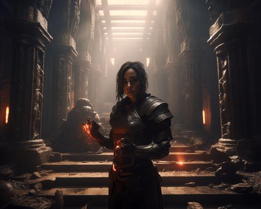 Chloe Bennet in a boxing stance, wearing a dark tactical suit and sci-fi metal gauntlets on her arms and hands, mystical temple interior with crumbling ruins, dust in the air, cinematic, extra detail, acyrlic paint, --ar 10:8 --iw .75
