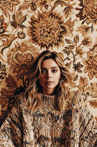 Chloë Grace Moretz wearing an ugly sweater, contemporary botanic and gold leaf wallpaper, in the style of Bella Kotak, bright pastel colours --ar 4:6 --s 500 --w 500 --c 50 --v 6.0