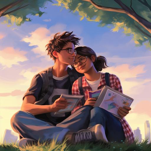 ultra realistic, ultra high definition, The image depicts a joyful and romantic scene of two 17-year-old teenagers deeply in love. The background showcases a vibrant book cover with the title 'FOR YOU,' which serves as a delightful backdrop to the scene. The cover design reflects the theme of the book and features elements that evoke a sense of young love and happiness. The teenagers, portrayed with beaming smiles and a radiant aura, are in an embrace, surrounded by a burst of colorful confetti and floating hearts. Their eyes are locked with an undeniable connection, and their body language exudes warmth and affection. The setting might be a sunlit park, a blooming field, or any other idyllic location that adds to the romantic atmosphere. The book cover, positioned slightly blurred in the background, serves as a visual representation of the story within the story. It signifies that the boy is writing a book about the girl, adding an extra layer of depth to their relationship. The overall composition exudes a joyful and enchanting ambiance, capturing the essence of young love and the excitement of discovering emotions for the first time. The colors are vibrant and uplifting, with a touch of whimsy that draws the viewer into the enchanting world of the teenagers' love story. This revised prompt aims to create a captivating image that portrays the joy and romance of the teenage protagonists, while also subtly incorporating the book within the scene. If you have any additional preferences or suggestions, please let me know