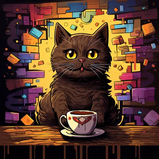 Chocolate bar, Cacao, cat, coffee cup, grafitti background, cartoon, thick lines, low detail, no shading,--ar 9:11