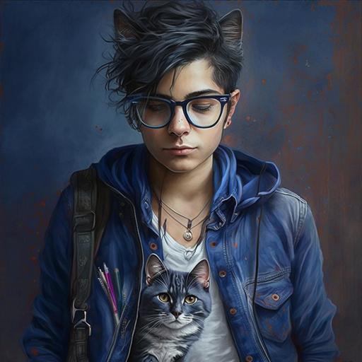 chico de 21 años latino, cabello azabache lacio estilo tomboy, con gafas delgadas, con suéter color durazno y estampado de gato, pantalón de mezclilla azul marino, con estuche de violín colgado en la espalda