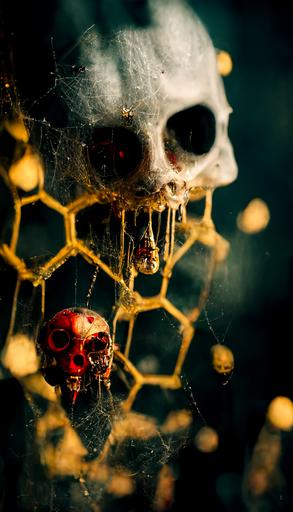 sinister, dark, Geiger, Lovecraft monster, skeletal, dripping, honeycomb, honey, fused skull, spiders with faces hanging from webs, Belinsky background, dark, cinematic shot, dramatic lighting, small red accent --aspect 9:16