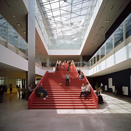 , , , Interior shot, atrium, office building in the style of IM Pei, in center of image is single wide, dark terracotta red laquered staircase to first floor, people sitting on stairs, pyramid glass roof and black and white marble floor, tiles, one floor only, gallery on the first floor of the atrium, square columns on first floor, ballustrade from blue laquered steel, central perspective from the first floor, daylight, bright mood, next to the staircase is modern furniture, a chandelier is hanging from the center of the pyramid illuminating the floor, high-quality photograph, photograph, 35mm, photo-realistic, HDR, 16K,very sharp render