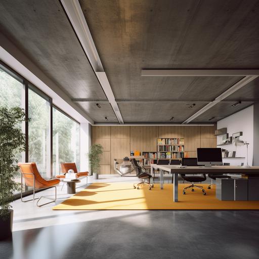 , , , , merge images, flat and bright concrete ceiling, low room height, bright yellow carpet, dark wood panneling on walls, windows, daylight, bright orange curtains, spotlights on ceiling, contemporary office furniture, bright mood, high-quality photograph, photograph, 35mm, photo-realistic, HDR, 16K,very sharp render