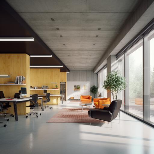 , , , , merge images, flat and bright concrete ceiling, low room height, bright yellow carpet, dark wood panneling on walls, windows, daylight, bright orange curtains, spotlights on ceiling, contemporary office furniture, bright mood, high-quality photograph, photograph, 35mm, photo-realistic, HDR, 16K,very sharp render