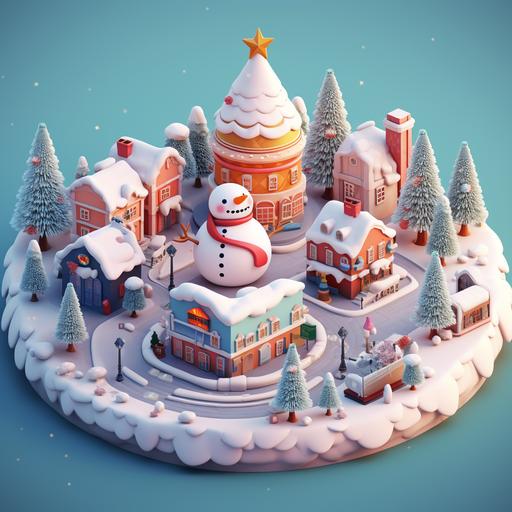 Christams city view, C4D style, isometric view, dreamy color palatte, with snowman and chrismas tree, game iullstration style.