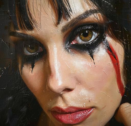 Christina Scabbia woman wearing makeup, with black eyeliner and eyes ripped out, in the style of wes wilson, alex russell flint, catherine hyde, mirror, oshare kei, dark brown and red --ar 64:61 --c 35 --s 400 --v 6.0