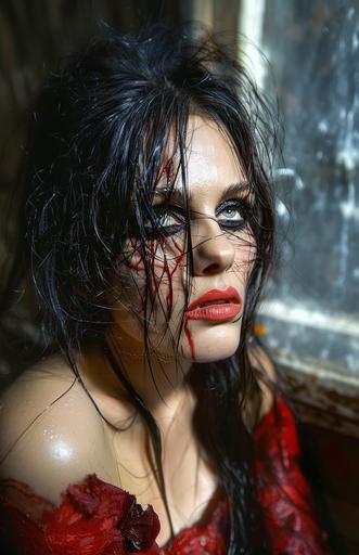 Christina Scabbia woman wearing makeup, with black eyeliner and eyes ripped out, in the style of wes wilson, alex russell flint, catherine hyde, mirror, oshare kei, dark brown and red --ar 64:99 --c 35 --s 400 --v 6.0