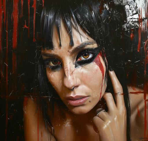 Christina Scabbia woman wearing makeup, with black eyeliner and eyes ripped out, in the style of wes wilson, alex russell flint, catherine hyde, mirror, oshare kei, dark brown and red --ar 64:61 --c 35 --s 400 --v 6.0