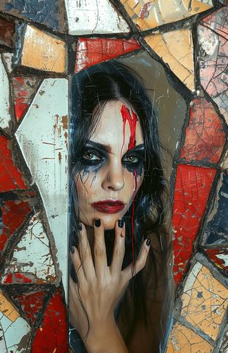 Christina Scabbia woman wearing makeup, with black eyeliner and eyes ripped out, in the style of wes wilson, alex russell flint, catherine hyde, mirror, oshare kei, dark brown and red --ar 64:99 --c 35 --s 400 --v 6.0