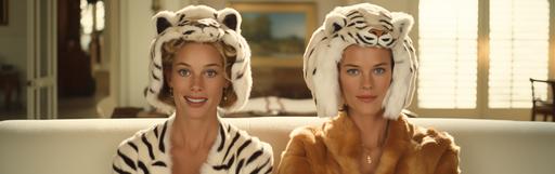 Christine Taylor and Grace Kelly in a two-person tiger costume in Spike Jonze’s classic “The Creation of Adam’s Family” , anachronistic crossover --ar 19:6