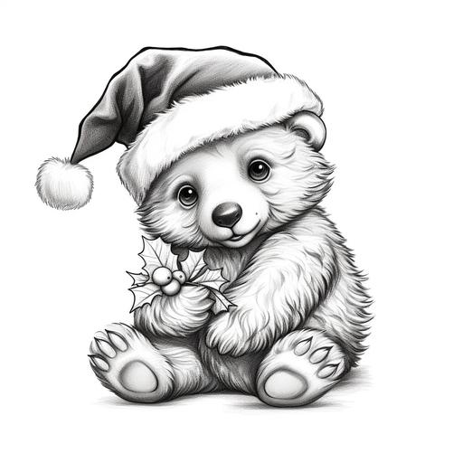 Christmas , coloring book for kids, black and white, baby bear with christmas hat, white background, high quality details
