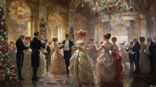 Christmas ball, people in fancy dress dancing to music, dessert table and champagne on the left side of the frame, plush carpet and crystal-topped chandelier in the frame, oil on canvas style --ar 16:9