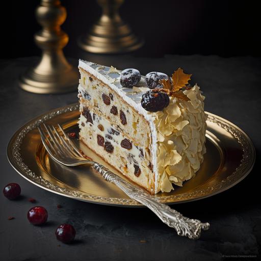 Christmas cake with candied cherries, raisins and currents, beautifully presented on an ornate silver plate, bright lighting, light dove grey background, bright ring lighting, close cinematic shot   photos taken by ARRI, photos taken by sony, photos taken by canon, photos taken by nikon, photos taken by sony, photos taken by hasselblad   incredibly detailed, sharpen, details   professional lighting, photography lighting   50mm, 80mm, 100m   lightroom gallery   behance photographys   unsplash --v 4