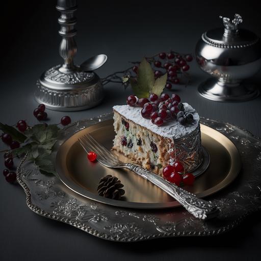 Christmas cake with candied cherries, raisins and currents, beautifully presented on an ornate silver plate, bright lighting, light dove grey background, bright ring lighting, close cinematic shot   photos taken by ARRI, photos taken by sony, photos taken by canon, photos taken by nikon, photos taken by sony, photos taken by hasselblad   incredibly detailed, sharpen, details   professional lighting, photography lighting   50mm, 80mm, 100m   lightroom gallery   behance photographys   unsplash --v 4