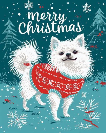 Christmas card with a small white japan spitz wearing a red christmas sweater on it saying 