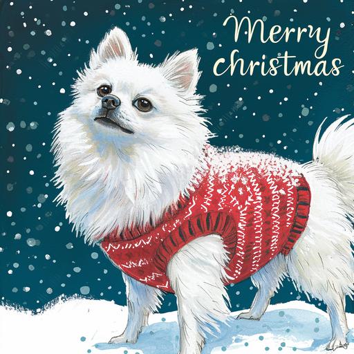Christmas card with a white small japan spitz wearing a red christmas sweater on it saying 