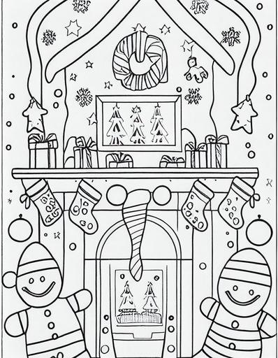 Christmas coloring Book for kids 3-4 years, funny animals, stocking, gingerbread man, only same outlines, anatomically correct, Jerry Pinkney style, --ar 7:9 --test --creative