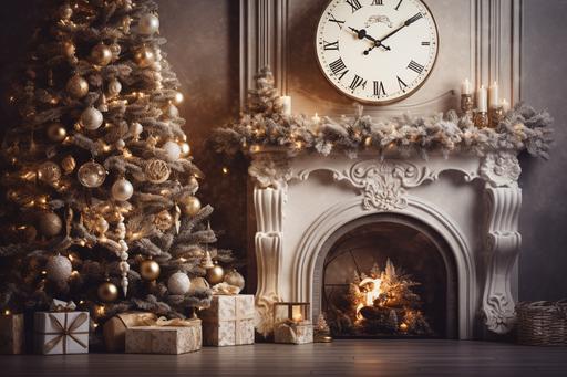 Christmas interior with clock on fireplace and xmas tree. focus stacking, bright light, high key --ar 3:2