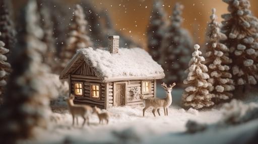 Christmas little house in a snowy forest, fairy tale, lights all around, and forest animals, hares, birds, reindeer, snowy nature, beautiful Christmas trees in the snow, daylight, realistic photo , --ar 16:9 --s 750 --v 5.0