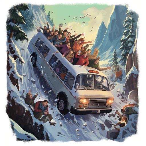 Christmas party bus falling off the cliff into an abyss, passengers celebrating, postcard style