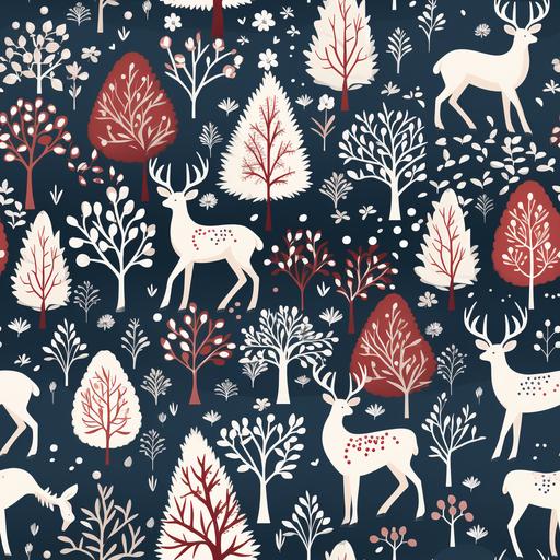 Christmas pattern featuring reindeer silhouettes and snowflakes, in the style of Scandinavian minimalism, hues of cranberry red and snow white, elegant line art, flickr, cozy, festive, wintery scenes --tile --v 5.2 --s 500