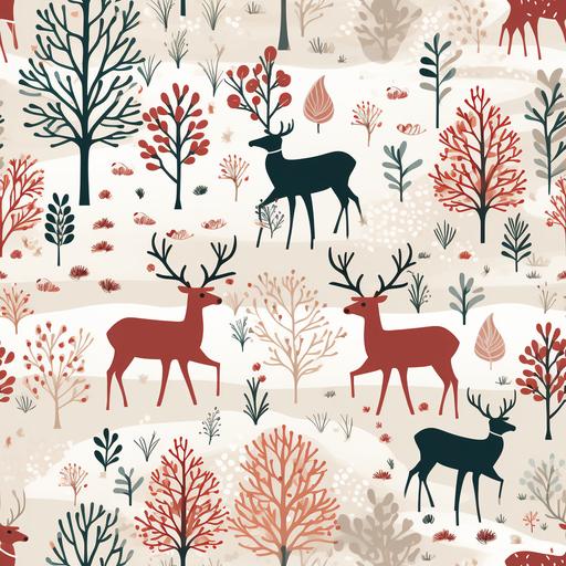 Christmas pattern featuring reindeer silhouettes and snowflakes, in the style of Scandinavian minimalism, hues of cranberry red and snow white, elegant line art, flickr, cozy, festive, wintery scenes --tile --v 5.2 --s 500