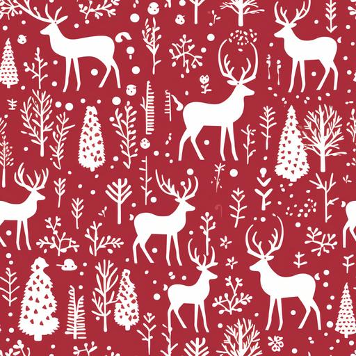 Christmas pattern featuring reindeer silhouettes and snowflakes, in the style of Scandinavian minimalism, hues of cranberry red and snow white, elegant line art, flickr, cozy, festive, wintery scenes --tile --v 5.2