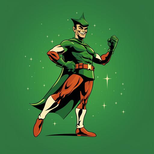 Christmas stocking hat, minimalist cartoon, аngular style, Bruce Timm comic, Christmas Elf giving thumbs up, santa claus winter hat, green cape, large elf ears, muscular, superhero, Timmverse style, Art Deco architecture style, Dark deco, full charcter, 2 color, hard lines, smiling, vector, feet and legs, low angle