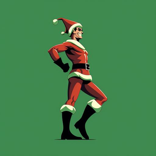 Christmas stocking hat, minimalist cartoon, аngular style, Bruce Timm comic, Christmas Elf giving thumbs up, santa claus winter hat, green cape, large elf ears, muscular, superhero, Timmverse style, Art Deco architecture style, Dark deco, full charcter, 2 color, hard lines, smiling, vector, feet and legs, low angle