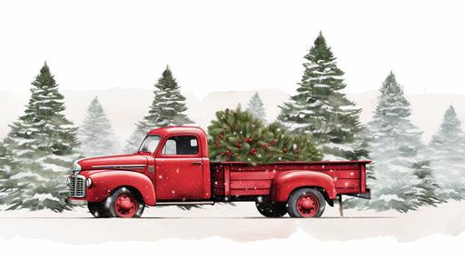 Christmas tree farm. Red truck is driving through the snow carrying a Christmas tree in the truck in bed --ar 16:9