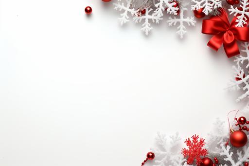 Christmas wreath, christmas gifts, red ribbon, christmas garland and snowflakes, in the style of minimalist backgrounds, white background --ar 128:85