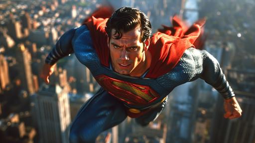 Christopher Reeve like Superman, classic costume, fullbody, flying over New York landscape, cinematic, --ar 16:9 --v 6.0 --s 750