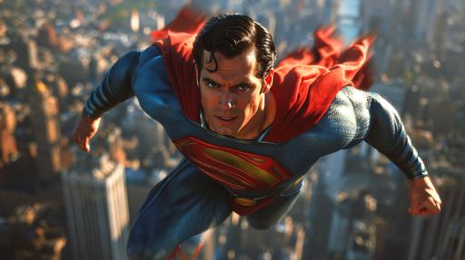 Christopher Reeve like Superman, classic costume, fullbody, flying over New York landscape, cinematic, --ar 16:9 --v 6.0 --s 750