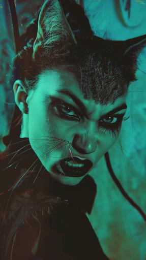 Chromatic Aberration 3/4 photoshot of a divine furious cat vampire lady, kitty eye make up, eyes with narrow vertical pupils, her mouth is slightly open in a predatory grin, kitty-teeth, flattened sideways ears, she is angling her cat ears so far back that they visually extend the slope of her forehead, looking at the viewer from under brows, from the corners of her eyes. in the style of dark fantasy creatures, mischievous feline motif, feminine portraiture, polaroid grain, solarization effect, split toning --ar 9:16 --v 6.0 --style raw