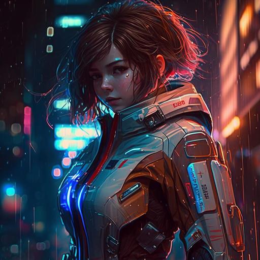 brown haired anime girl in a cyberpunk-esque blue and red exo-suit   futuristic neon lights and rain in the background   Japanese writing on the suit
